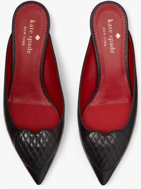 Kate Spade BlackLeather Pointed Toe Mules 7 B– Red Insole - Block Heel Slip-On